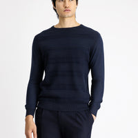 Dark Navy Crew Neck Regular Fit Striped Cotton Knit Sweater