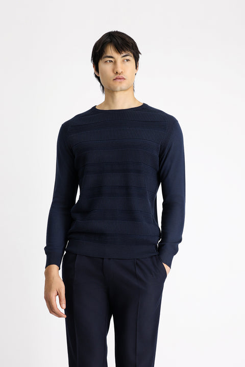 Dark Navy Crew Neck Regular Fit Striped Cotton Knit Sweater