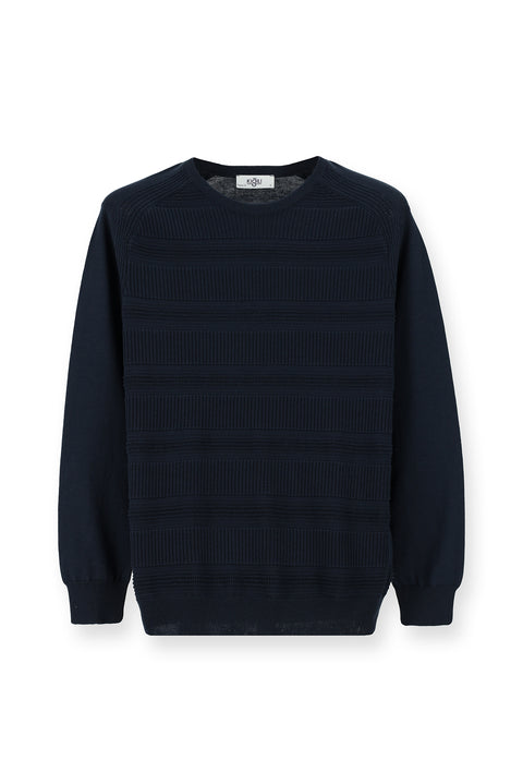 Dark Navy Crew Neck Regular Fit Striped Cotton Knit Sweater