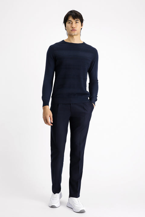 Dark Navy Crew Neck Regular Fit Striped Cotton Knit Sweater