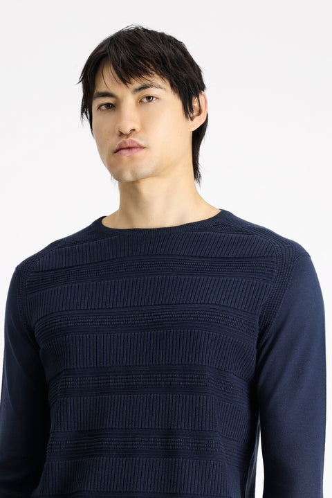 Dark Navy Crew Neck Regular Fit Striped Cotton Knit Sweater