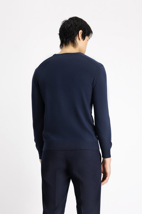 Dark Navy Crew Neck Regular Fit Striped Cotton Knit Sweater