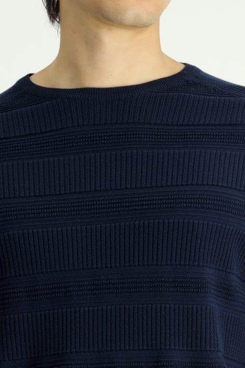 Dark Navy Crew Neck Regular Fit Striped Cotton Knit Sweater