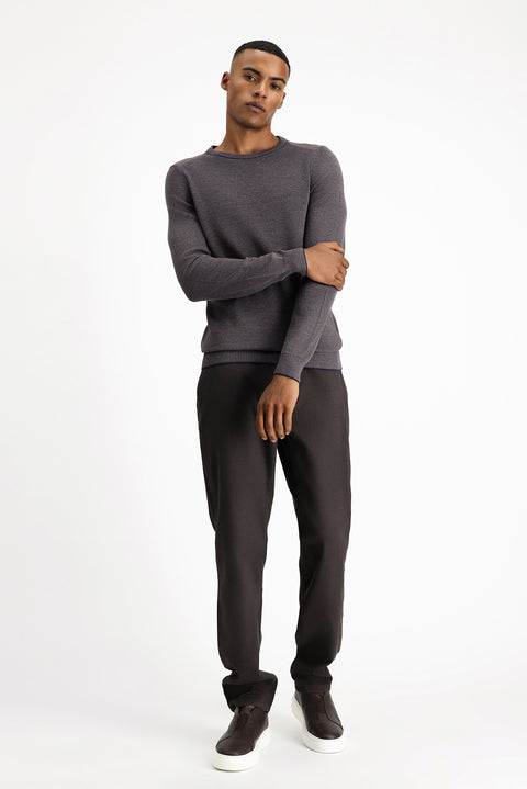 Light Brown Crew Neck Slim Fit Narrow Cut Cotton Knit Sweater
