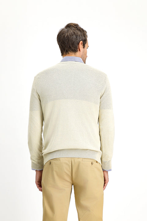 Açık Bej Bisiklet Yaka Slim Fit Dar Kesim Desenli Pamuklu Triko Kazak