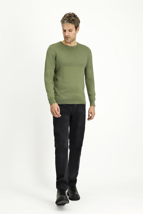 Orta Haki Bisiklet Yaka Slim Fit Dar Kesim Desenli Pamuklu Triko Kazak