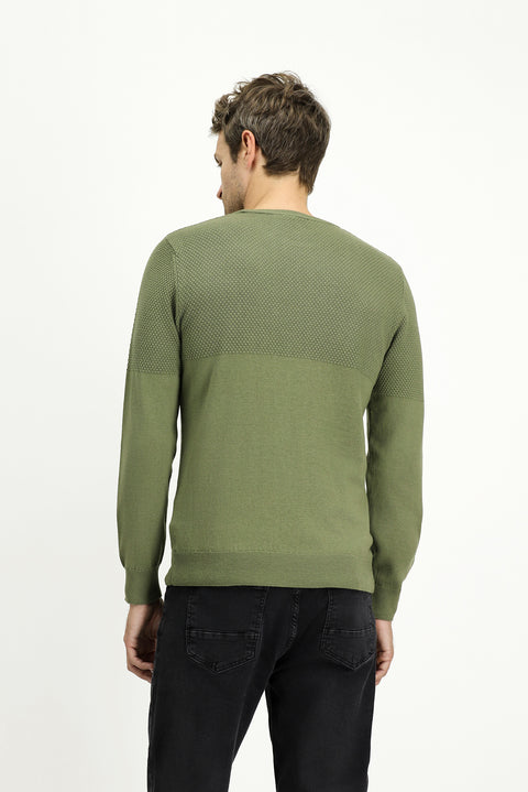 Orta Haki Bisiklet Yaka Slim Fit Dar Kesim Desenli Pamuklu Triko Kazak