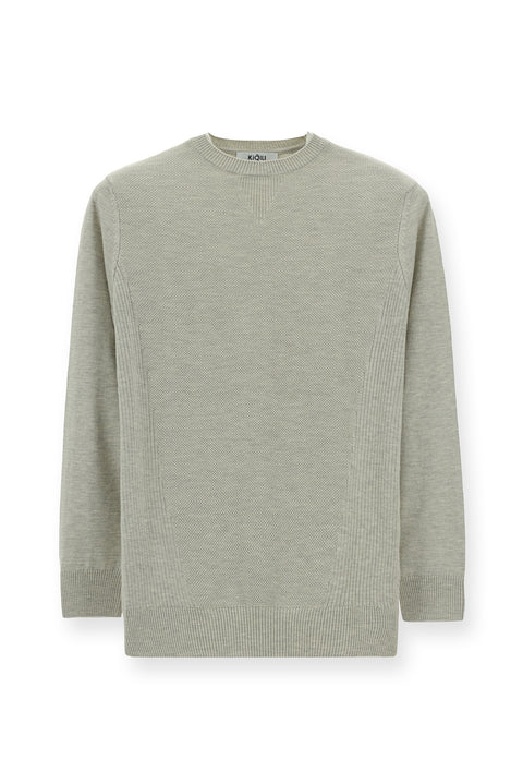 Light Grey Melange Crew Neck Slim Fit Narrow Cut Patterned Cotton Knit Sweater