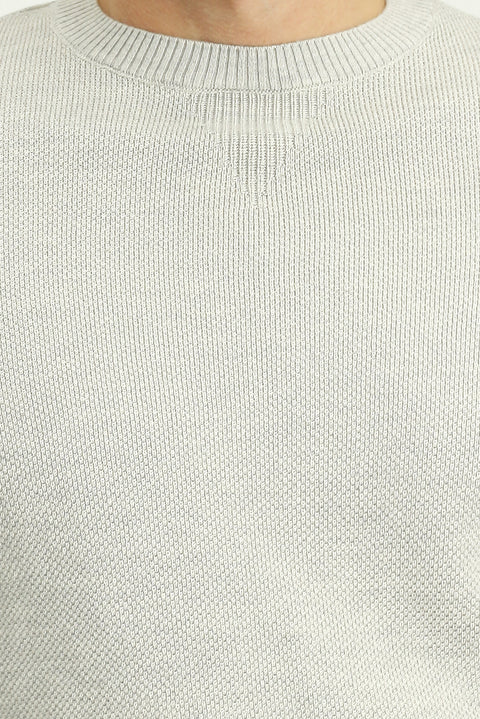 Light Grey Melange Crew Neck Slim Fit Narrow Cut Patterned Cotton Knit Sweater