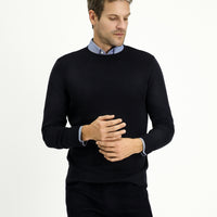 Dark Navy Crew Neck Slim Fit Narrow Cut Patterned Cotton Knit Sweater