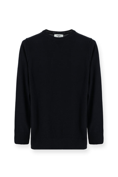 Dark Navy Crew Neck Slim Fit Narrow Cut Patterned Cotton Knit Sweater
