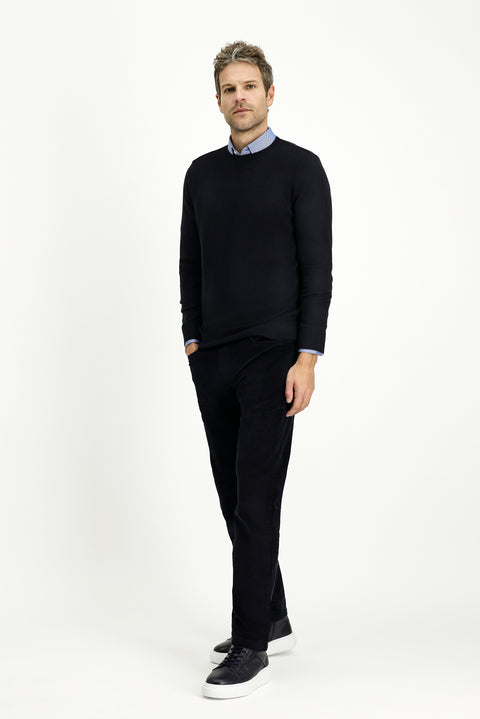 Dark Navy Crew Neck Slim Fit Narrow Cut Patterned Cotton Knit Sweater