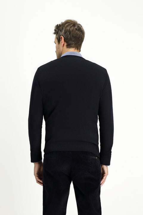 Dark Navy Crew Neck Slim Fit Narrow Cut Patterned Cotton Knit Sweater