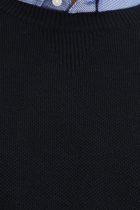 Dark Navy Crew Neck Slim Fit Narrow Cut Patterned Cotton Knit Sweater