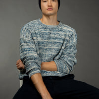 Light Blue Crew Neck Oversize Patterned Cotton Knit Sweater
