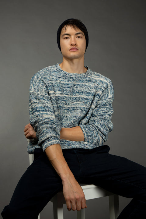 Light Blue Crew Neck Oversize Patterned Cotton Knit Sweater