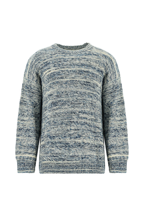 Light Blue Crew Neck Oversize Patterned Cotton Knit Sweater