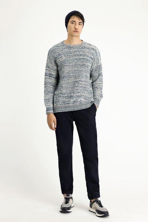 Light Blue Crew Neck Oversize Patterned Cotton Knit Sweater