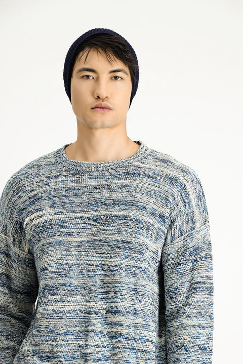 Light Blue Crew Neck Oversize Patterned Cotton Knit Sweater