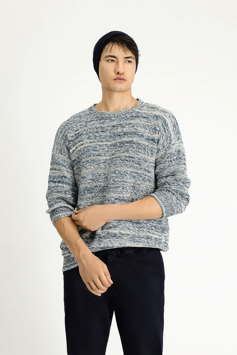 Light Blue Crew Neck Oversize Patterned Cotton Knit Sweater
