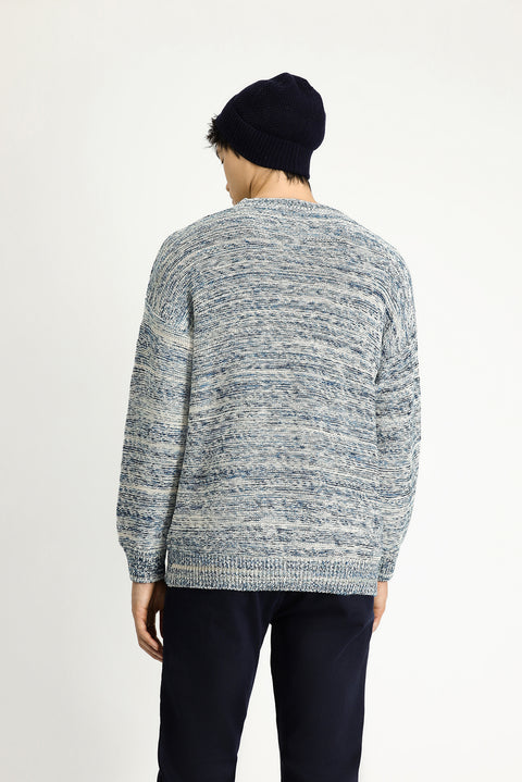 Light Blue Crew Neck Oversize Patterned Cotton Knit Sweater