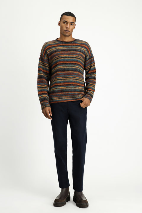 Multicolored Crew Neck Oversize Striped Wool Knit Sweater
