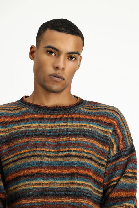 Multicolored Crew Neck Oversize Striped Wool Knit Sweater