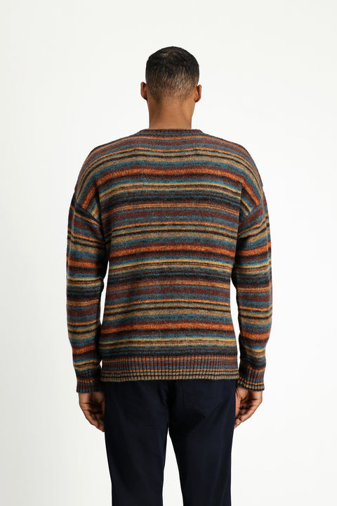 Multicolored Crew Neck Oversize Striped Wool Knit Sweater