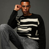 Black Crew Neck Oversize Patterned Wool Knit Sweater