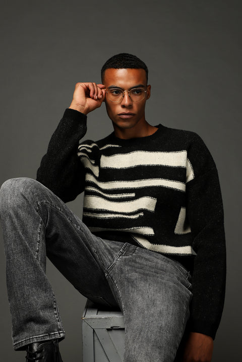 Black Crew Neck Oversize Patterned Wool Knit Sweater