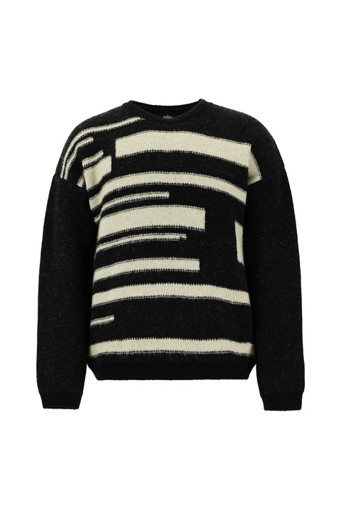 Black Crew Neck Oversize Patterned Wool Knit Sweater