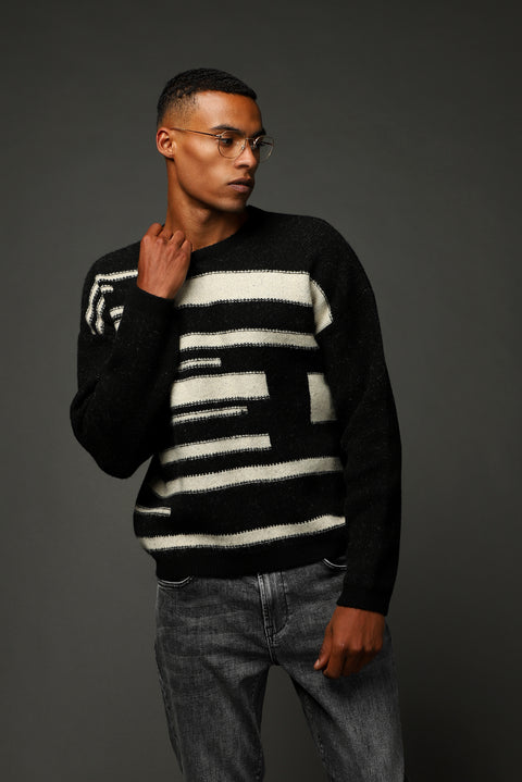 Black Crew Neck Oversize Patterned Wool Knit Sweater