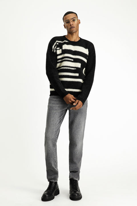 Black Crew Neck Oversize Patterned Wool Knit Sweater