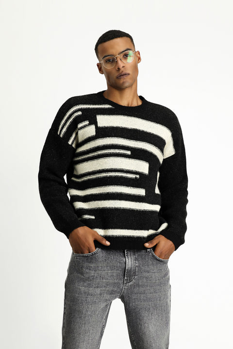 Black Crew Neck Oversize Patterned Wool Knit Sweater
