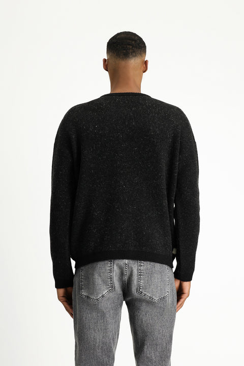 Black Crew Neck Oversize Patterned Wool Knit Sweater