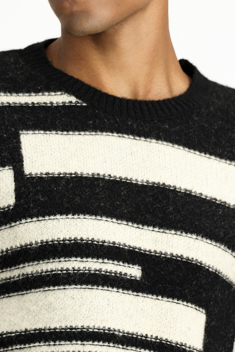 Black Crew Neck Oversize Patterned Wool Knit Sweater