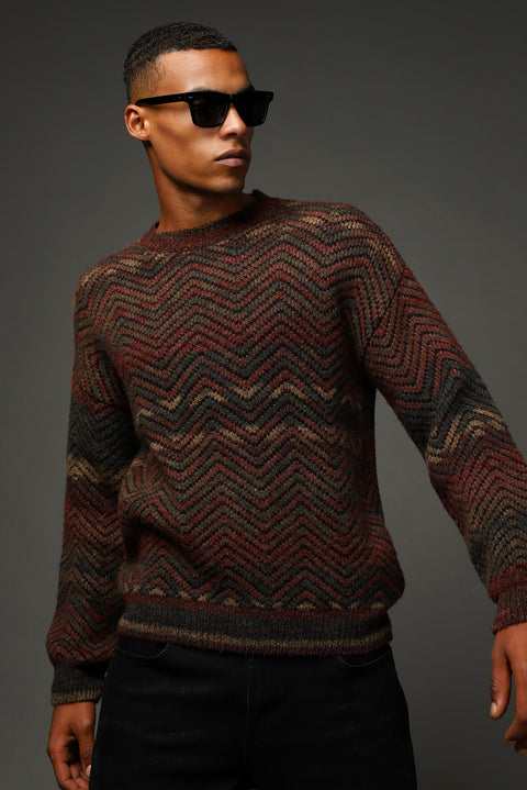 Light Burgundy Crew Neck Oversize Patterned Wool Knit Sweater