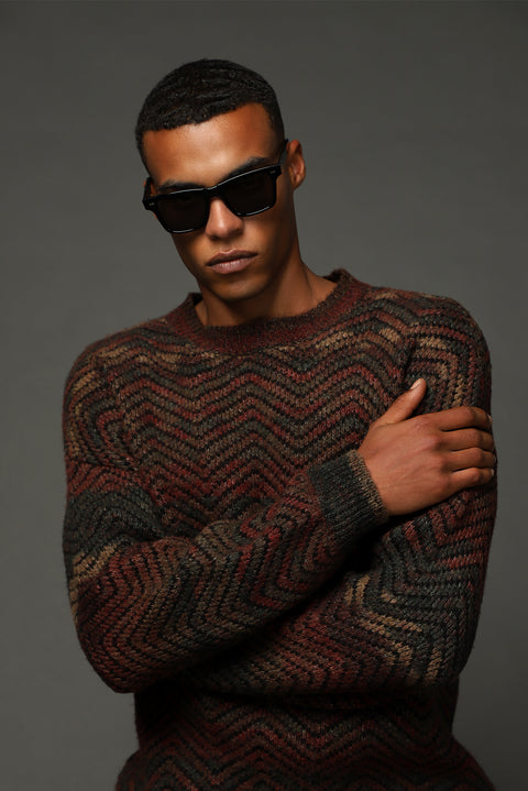 Light Burgundy Crew Neck Oversize Patterned Wool Knit Sweater