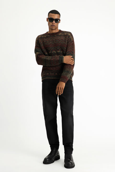 Light Burgundy Crew Neck Oversize Patterned Wool Knit Sweater
