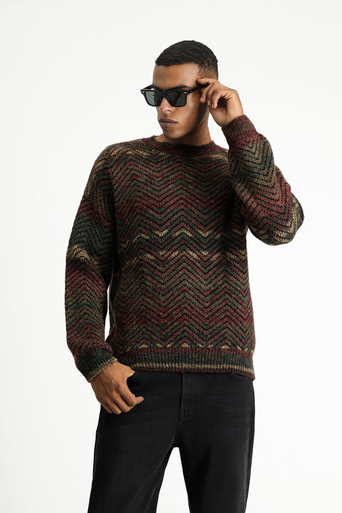 Light Burgundy Crew Neck Oversize Patterned Wool Knit Sweater
