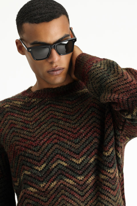 Light Burgundy Crew Neck Oversize Patterned Wool Knit Sweater