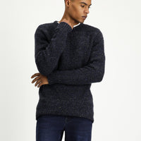 Medium Navy Crew Neck Slim Fit Narrow Cut Patterned Wool Knit Sweater