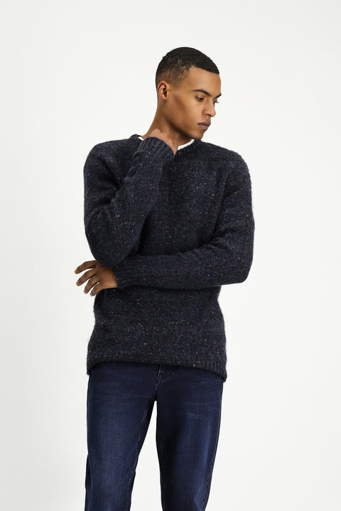 Medium Navy Crew Neck Slim Fit Narrow Cut Patterned Wool Knit Sweater