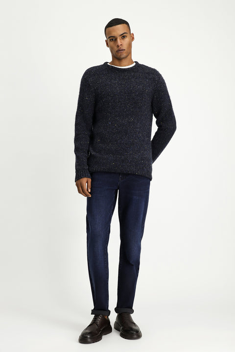 Medium Navy Crew Neck Slim Fit Narrow Cut Patterned Wool Knit Sweater
