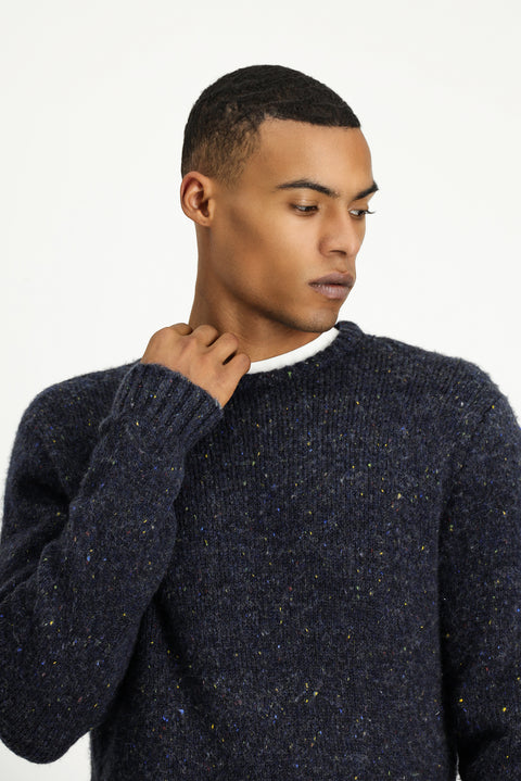 Medium Navy Crew Neck Slim Fit Narrow Cut Patterned Wool Knit Sweater