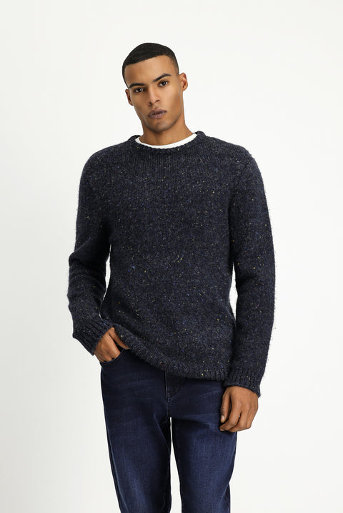 Medium Navy Crew Neck Slim Fit Narrow Cut Patterned Wool Knit Sweater