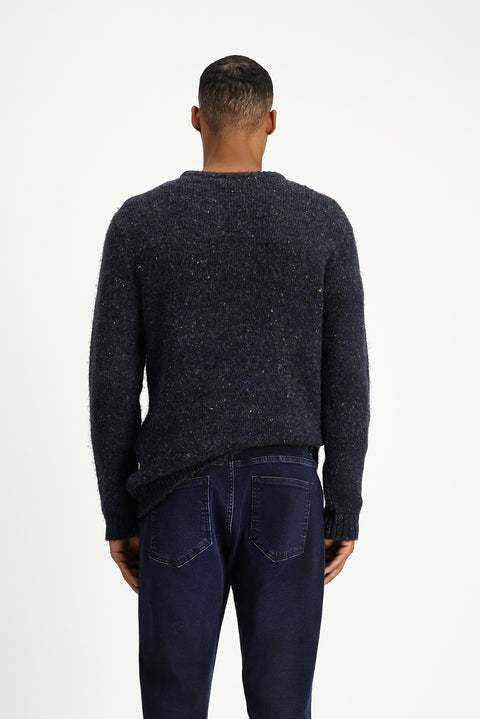 Medium Navy Crew Neck Slim Fit Narrow Cut Patterned Wool Knit Sweater