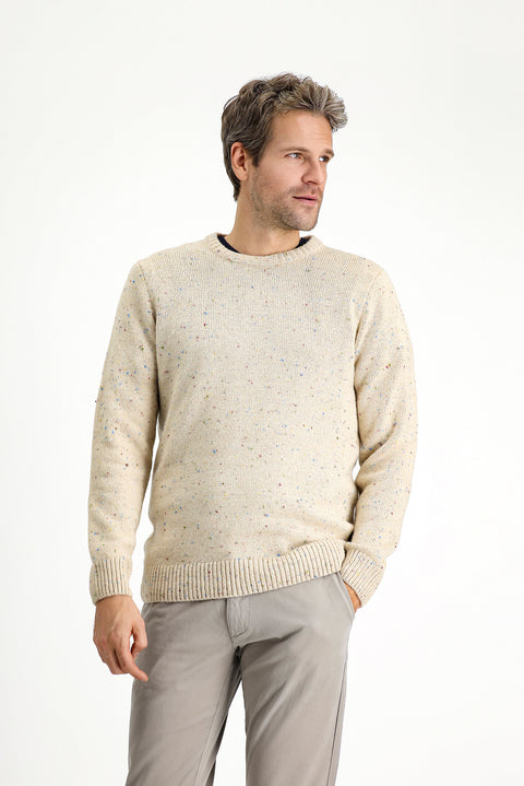 Light Beige Crew Neck Slim Fit Narrow Cut Patterned Wool Knit Sweater