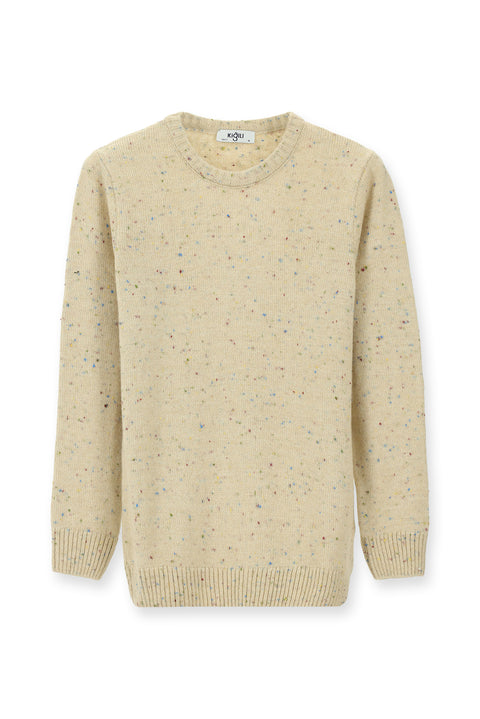 Light Beige Crew Neck Slim Fit Narrow Cut Patterned Wool Knit Sweater