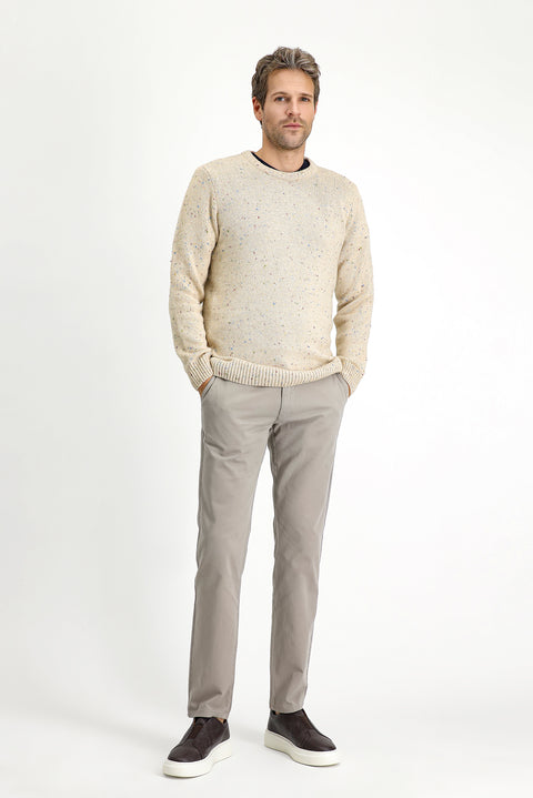 Light Beige Crew Neck Slim Fit Narrow Cut Patterned Wool Knit Sweater